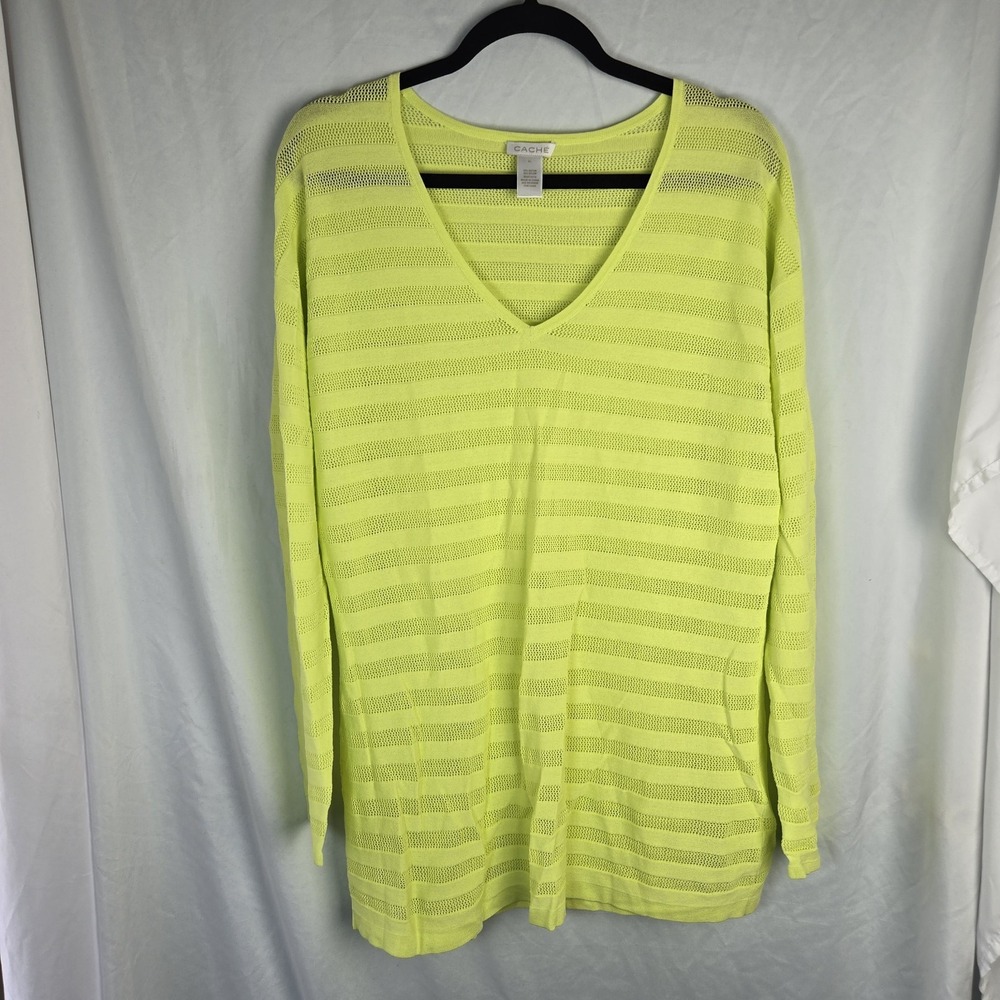CACHE Neon Yellow Ribbed Crochet Sweater Womens XL Beach Resort Lightweight Fun